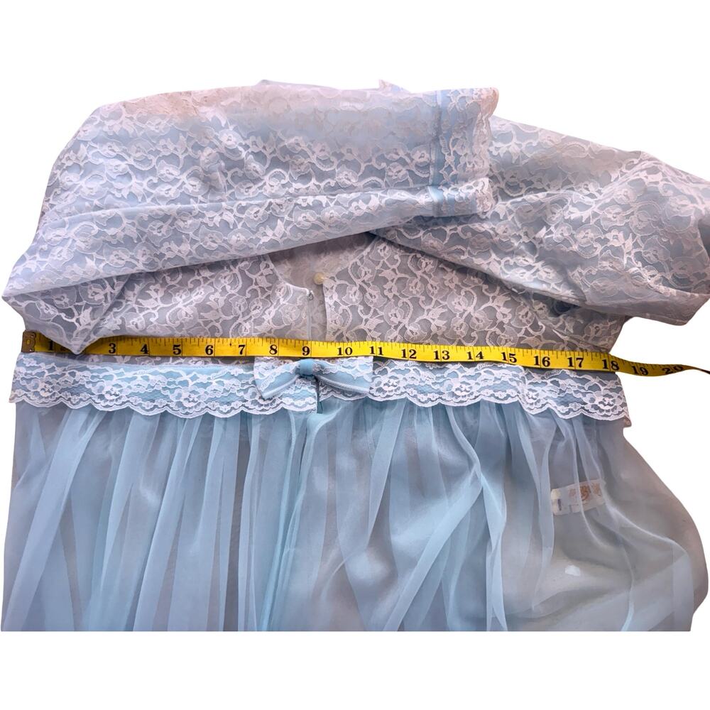 Vintage Miss Elaine 1960s Baby Blue Chiffon Peignoir Robe Lace Sleeves Medium - Picture 11 of 12